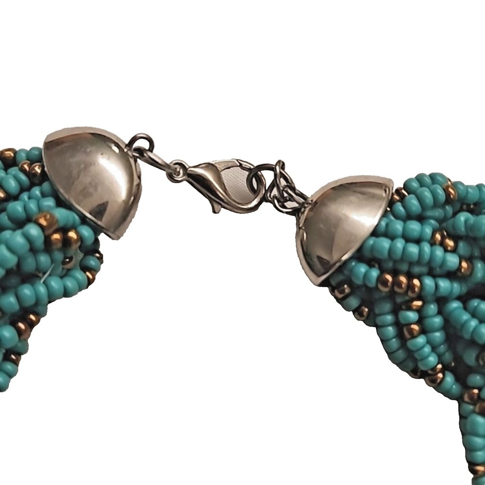 Turquoise Braided Seed Bead Bib Necklace Women OS Teal Multi-Strand 16"X1.5" - Picture 3 of 9